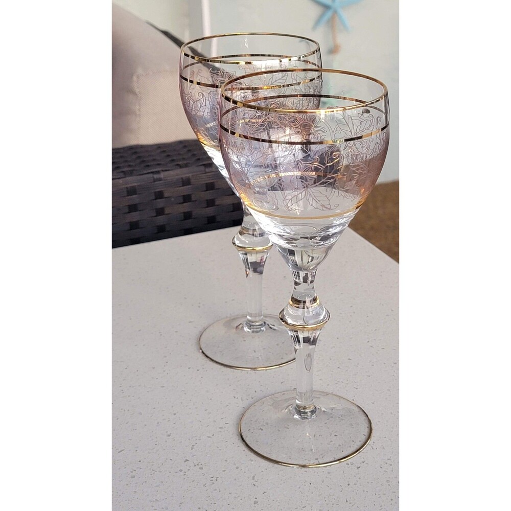 Vintage Crystal Wine Glasses Gold Etched & Banded Stemware Set/2 - Picture 13 of 13